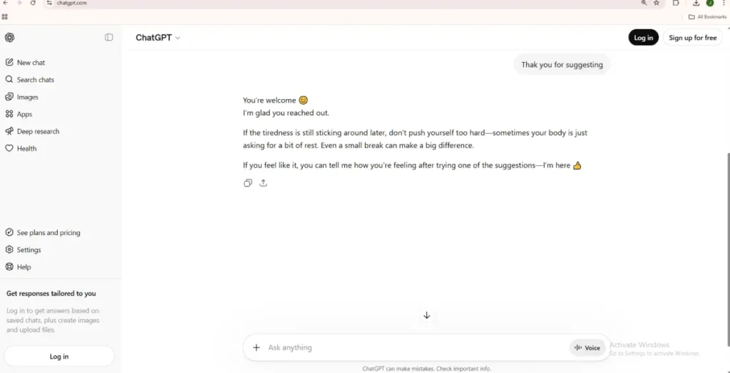 Screenshot of ChatGPT interface demonstrating ai productivity tools for conversation, task assistance, and user support.