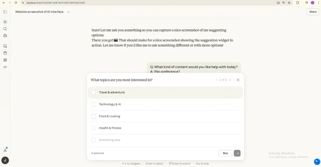 Screenshot of Claude AI interface showing ai productivity tools with prompt suggestions and inquiry options for user input.