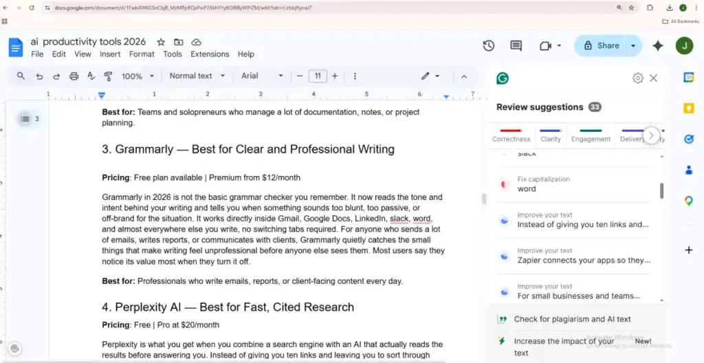 Screenshot of Grammarly in Google Docs showcasing ai productivity tools with real-time writing suggestions, clarity improvements, and review insights.